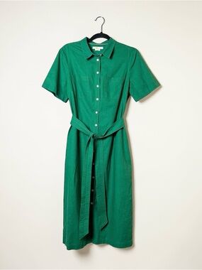 Boden Kelly Green Tie Waist Linen Cotton Shirt Dress Womens 10
